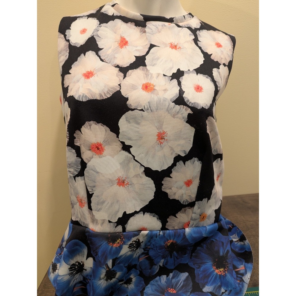 Zara‎ Women's Blouse Top Floral Neoprene Blue Cream Peplum Size L EUC